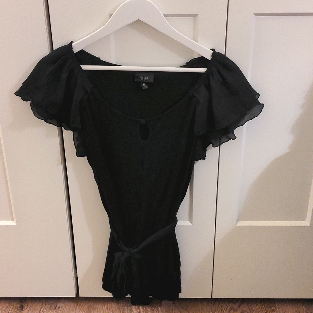 Keyhole flutter chiffon sleeve t-shirt tee removable waist tie